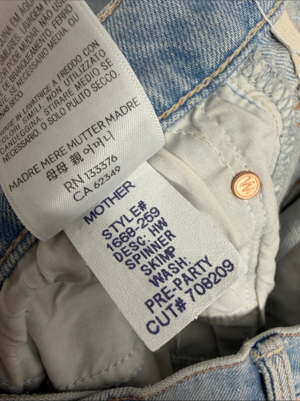 Mother High Waisted Spinner Skimp Jeans Pre Party Cotton Denim Button Blue 28 - Picture 8 of 10